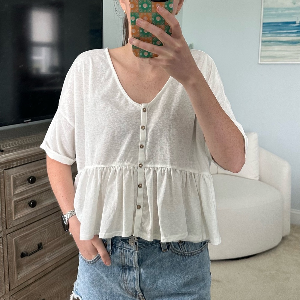 White Button Down Ruffle Top - Picture 2 of 6